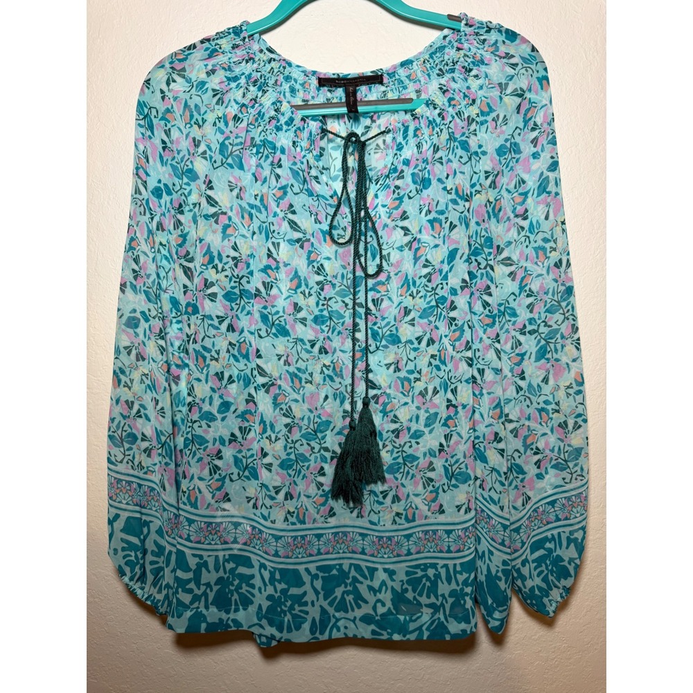 BCBGMAXAZRIA Darlynne Floral Peasant Blouse Aqua Blue Tassel Top Medium